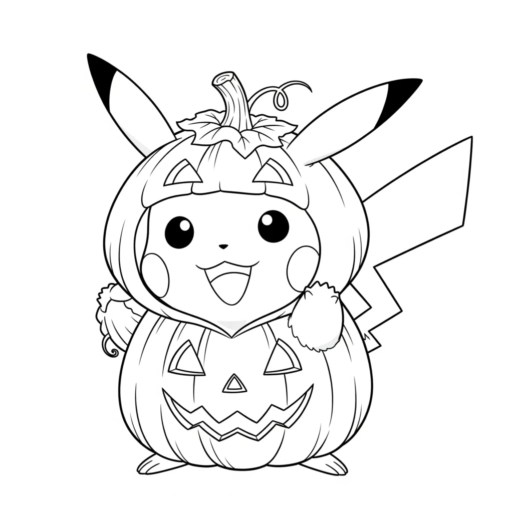 Lustige Malvorlage mit Pikachu im Kürbiskostüm zu Halloween – ideal für kreative Kinder, die gruselige und süße Pokémon lieben.
