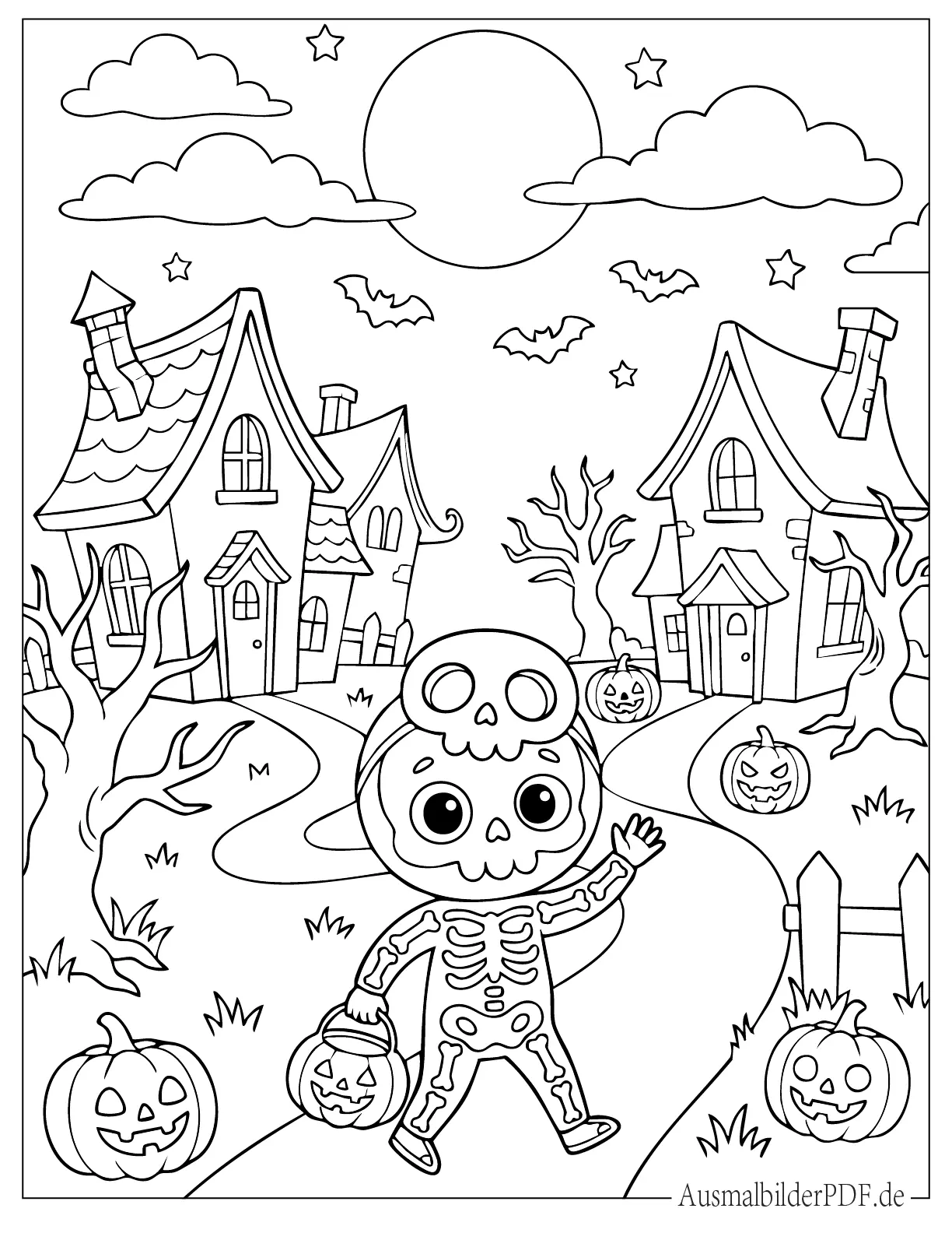 Halloween Skelett Kind geht in einem Spukdorf von Haus zu Haus Süßes oder Saures Ausmalbild