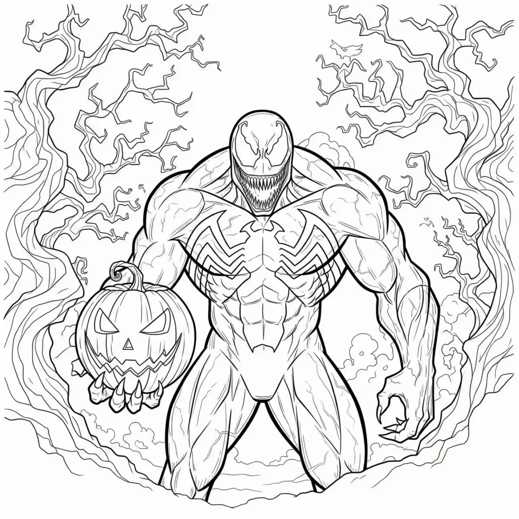 Halloween Venom Ausmalbilder kostenlos zum Ausdrucken mit Kürbissen als PDF Malvorlage für Kinder und Marvel-Fans