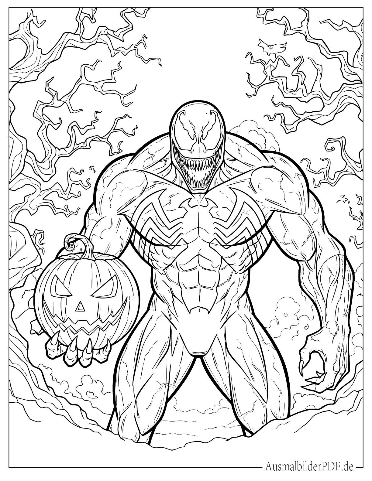 10+ Venom Ausmalbilder (Gratis Malvorlagen zum Ausdrucken) Halloween Venom mit Kürbislaterne Ausmalbild
