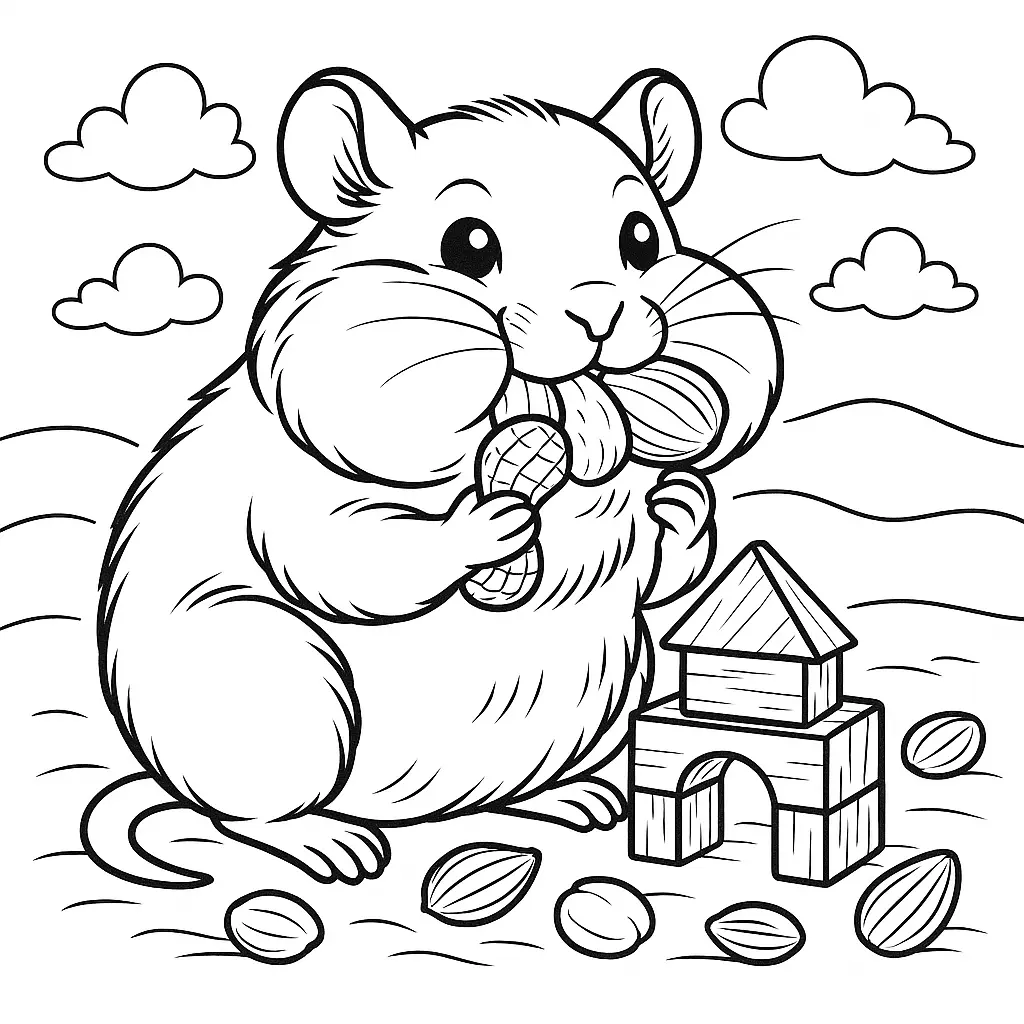 Hamster ausmalbild – Hamster mit vollen Backen voller Nüsse und Snacks