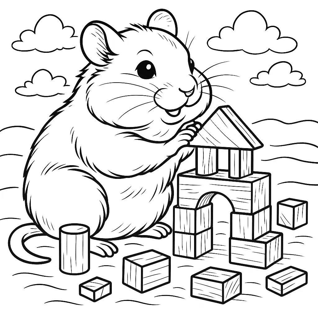 Hamster ausmalbild – kleiner Hamster baut Festung aus Bausteinen