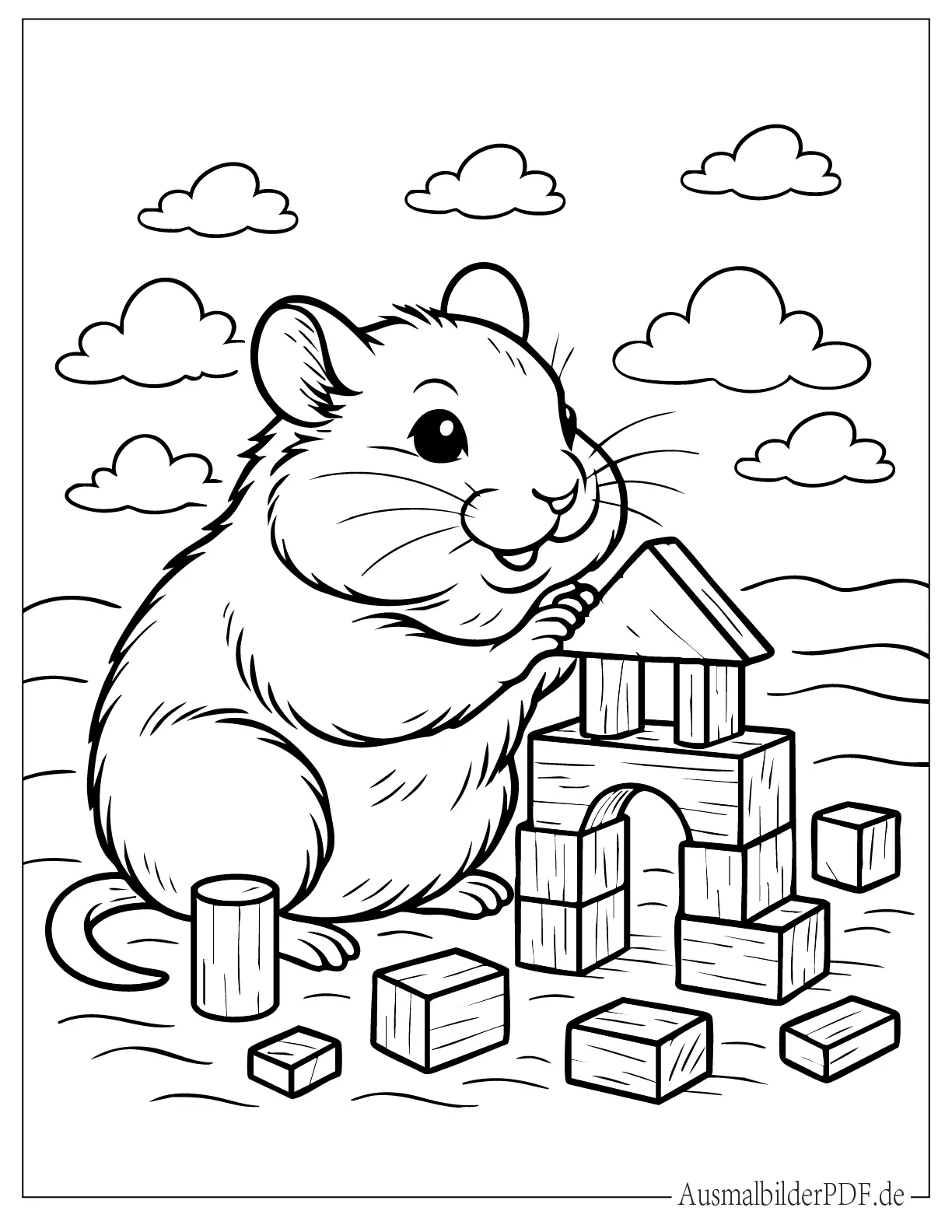 Niedlicher Hamster baut kleine Festung mit Bausteinen Ausmalbild