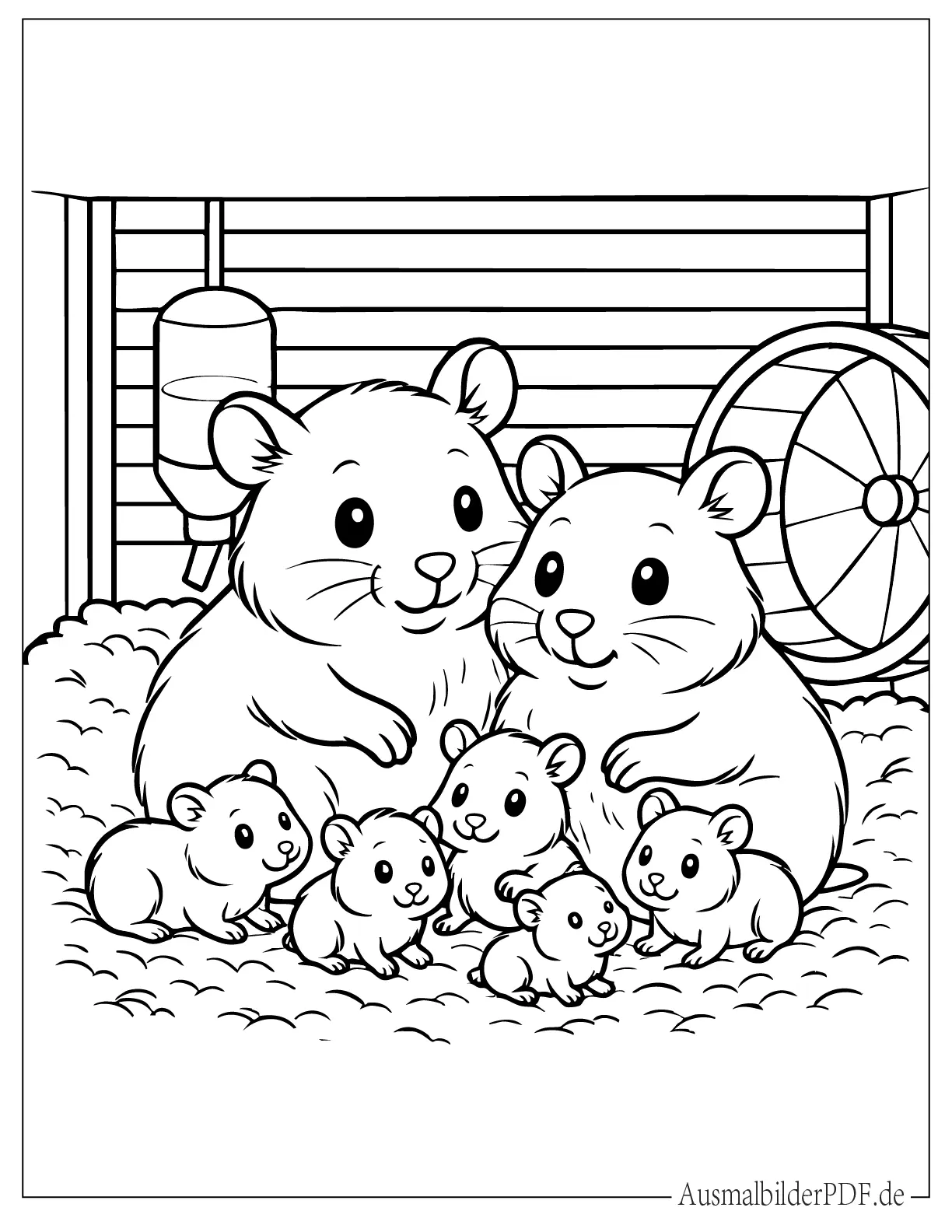 Hamster Familie Mutter und Vater mit fünf Babys Ausmalbild