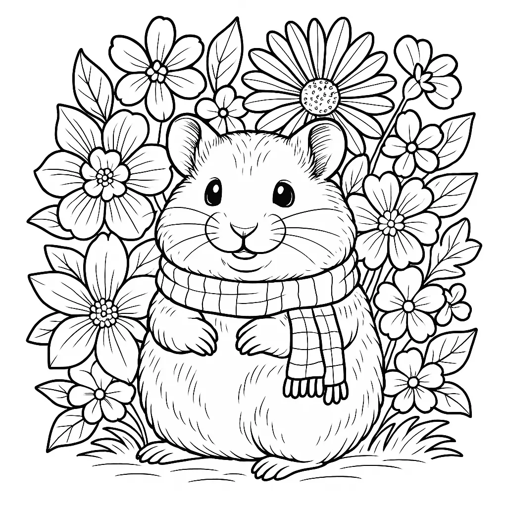 Ein klares Linien-Ausmalbild mit einem Hamster inmitten blühender Frühlingsblumen. Ideal für Kinder und Erwachsene, die gerne kreativ werden.