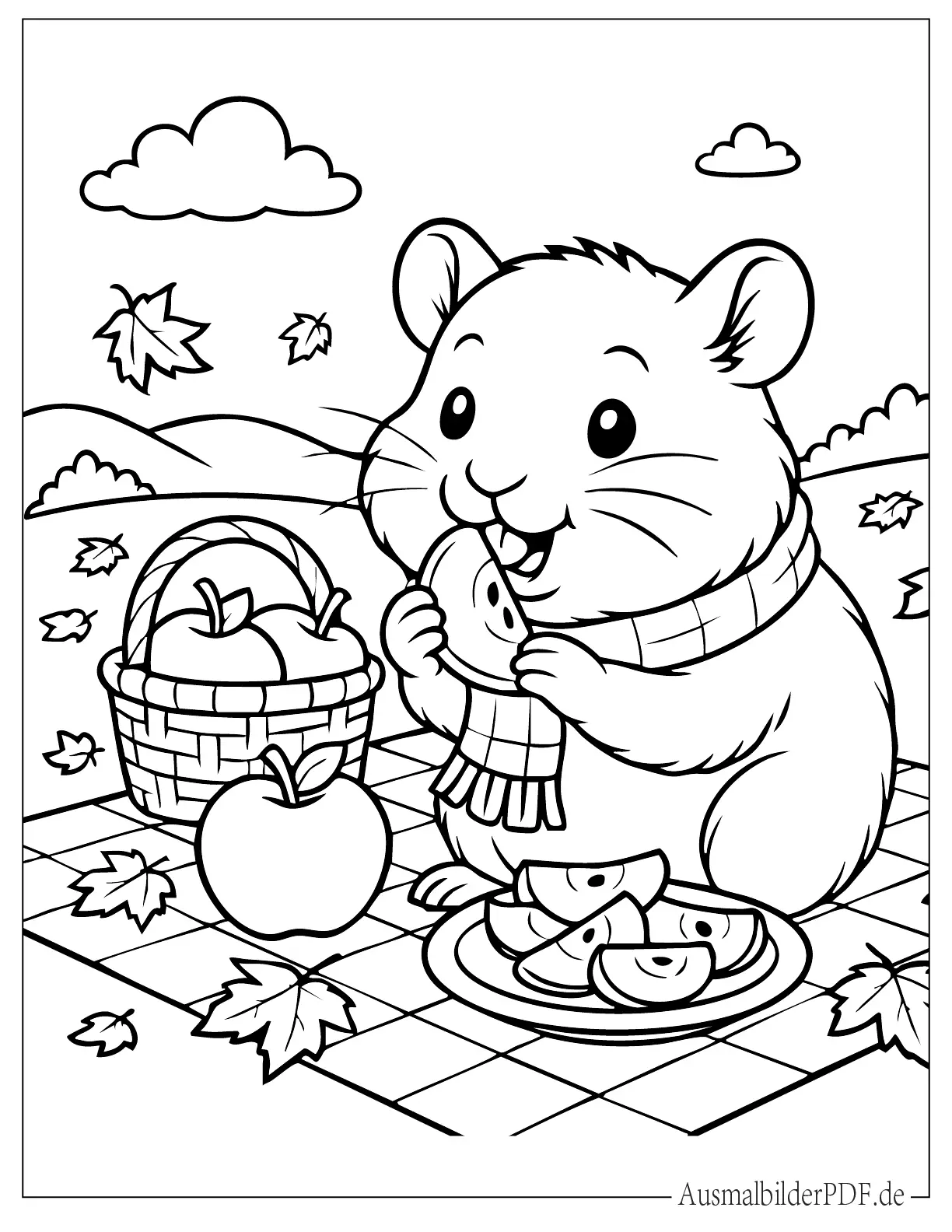 Hamster genießt Apfelscheiben bei einem Herbstpicknick Ausmalvorlage