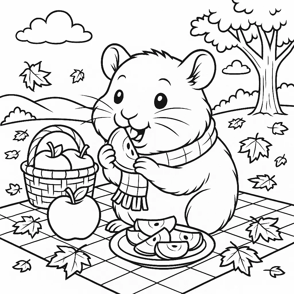 Hamster ausmalbild – Hamster isst Apfelscheiben bei einem Picknick im Herbst