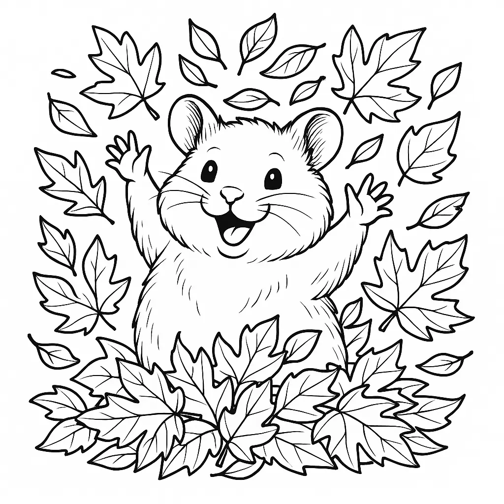 Hamster ausmalbild – fröhlicher Hamster spielt in einem Haufen Herbstblätter