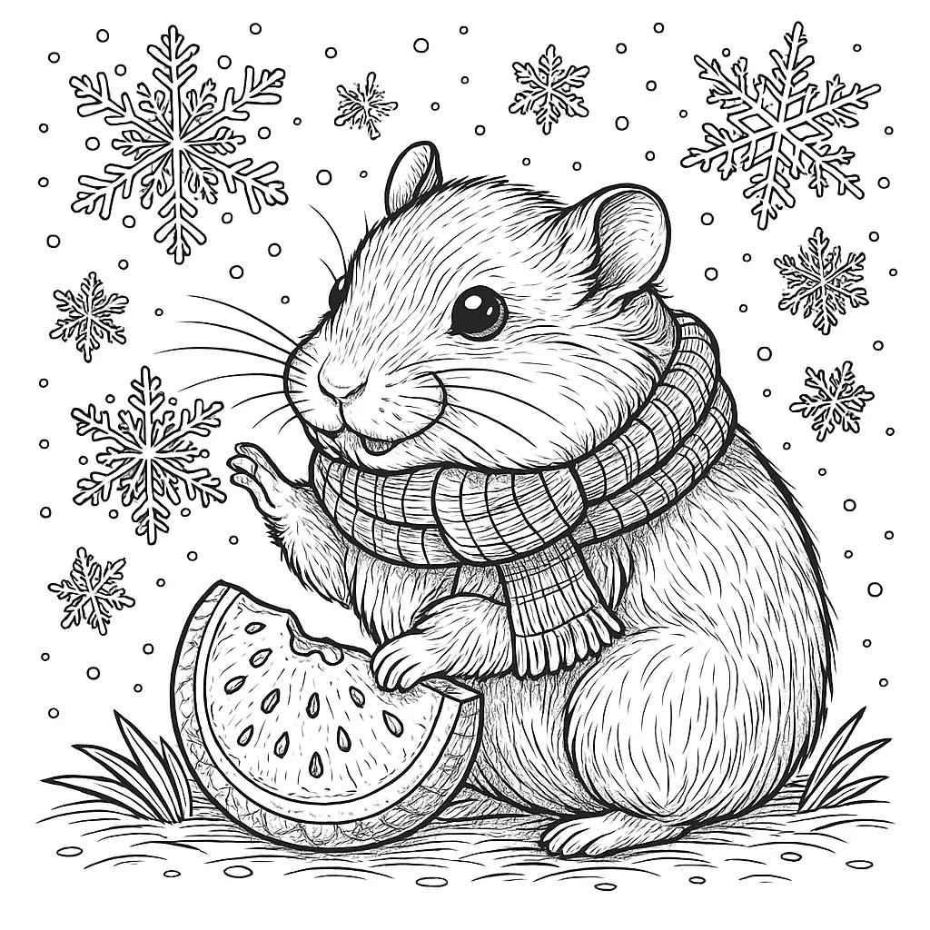 Hamster ausmalbild – Hamster mit Schal spielt im Schnee mit Schneeflocken