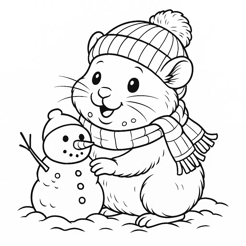 Hamster ausmalbilder – Hamster mit Mütze baut einen kleinen Schneemann