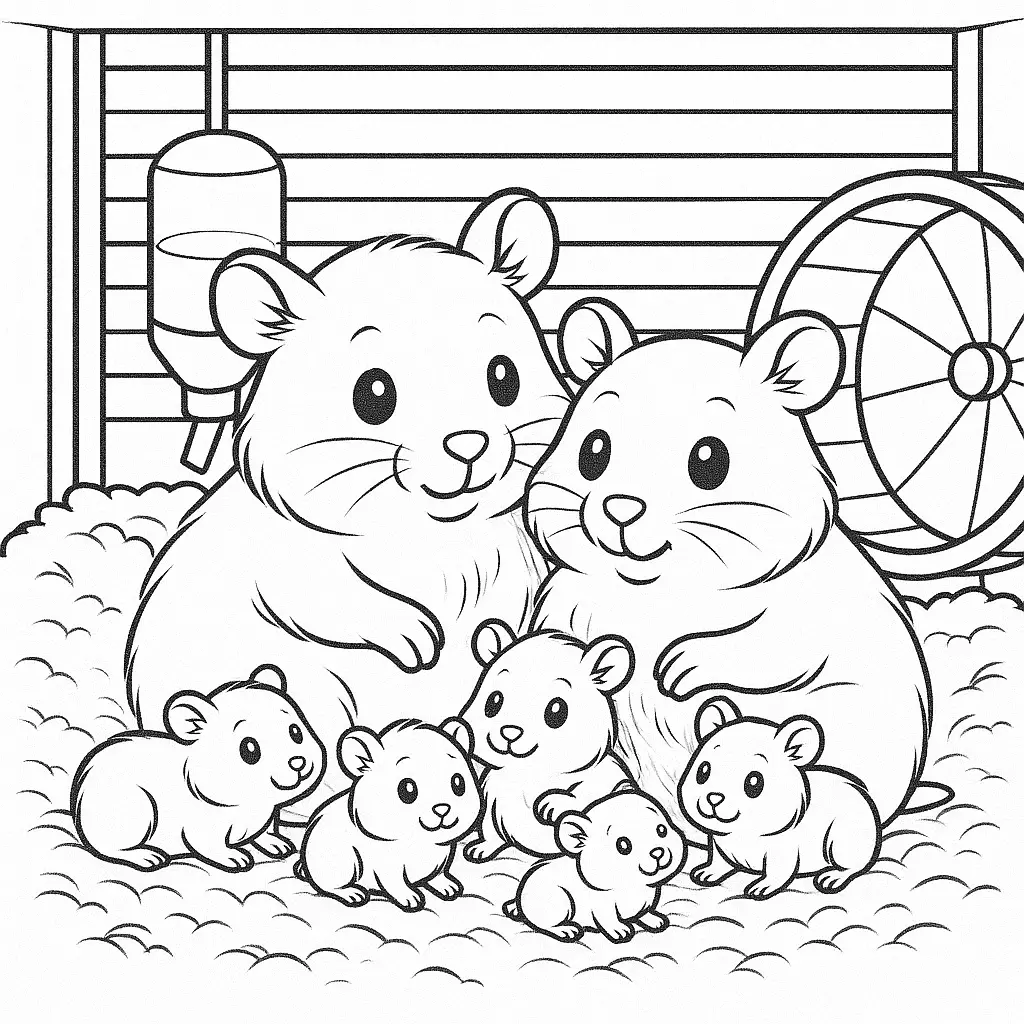 Hamsterfamilie ausmalbild – Eltern und Babys im gemütlichen Käfig