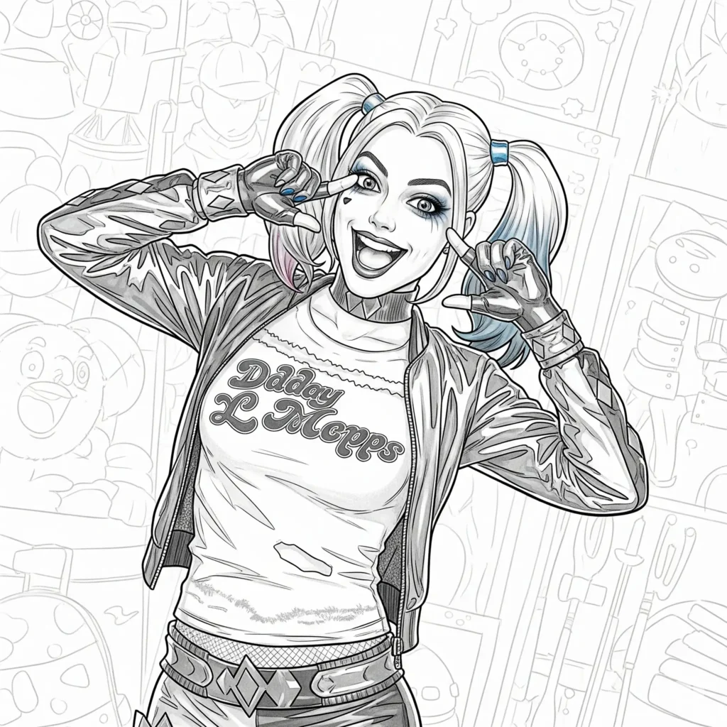 Harley Quinn Ausmalbild zum Ausdrucken und Ausmalen für Kinder mit lustigen Motiven