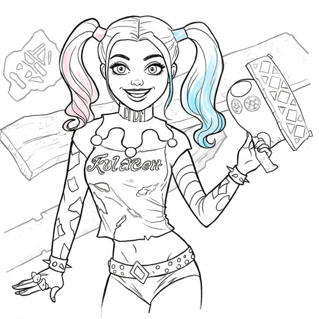 Harley Quinn Ausmalbild mit typischem Kostüm, Zöpfen und frechem Lächeln – perfekt zum Ausmalen