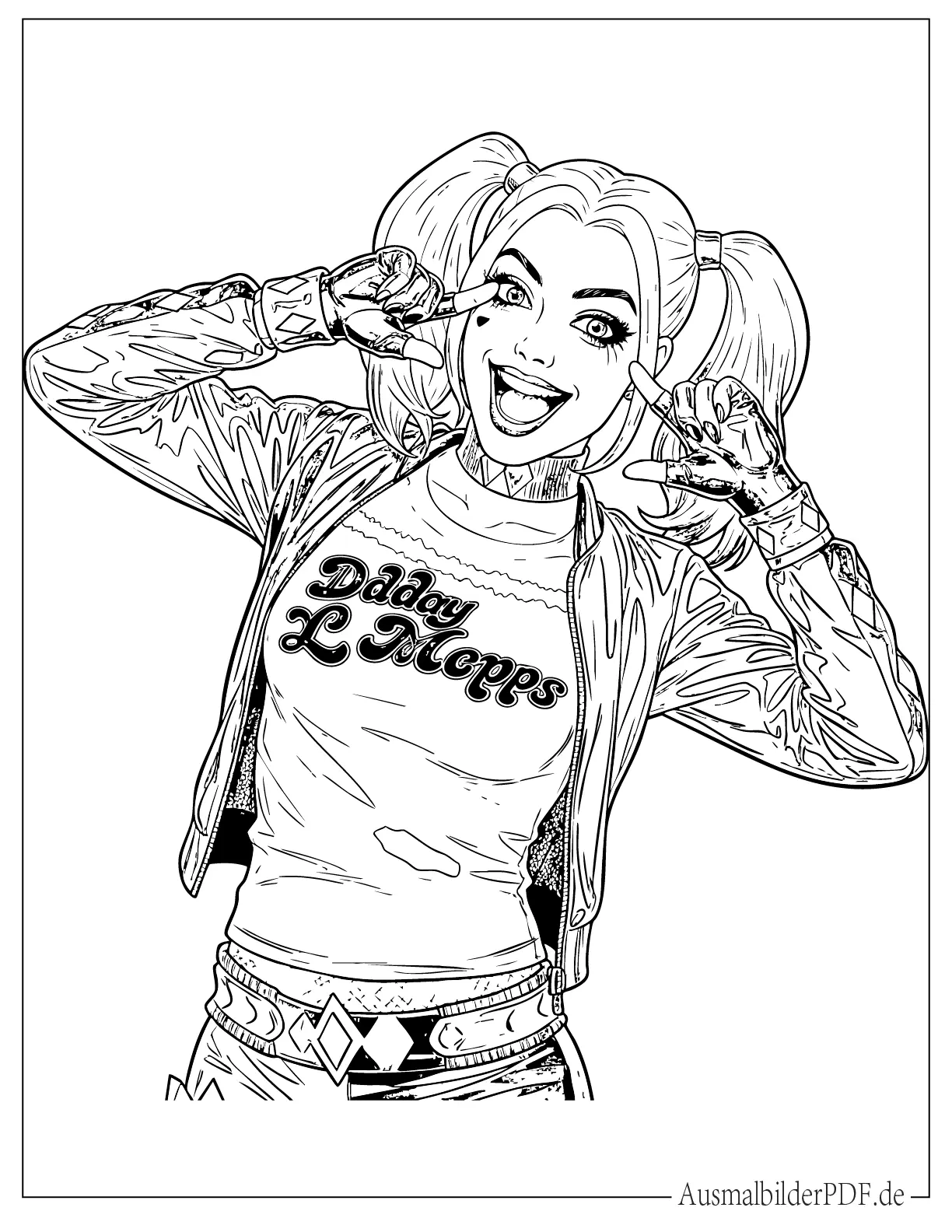 Harley Quinn in einem verspielten Comic Stil mit ihrem typischen Outfit und einem schelmischen Lächeln, bereit zum kreativen Ausmalen.