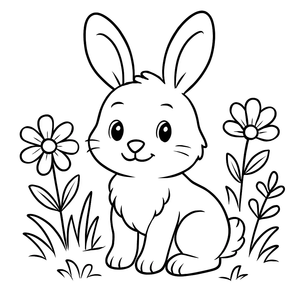 Ausmalbild eines freundlichen Hasen mit Blumen für Kinder
