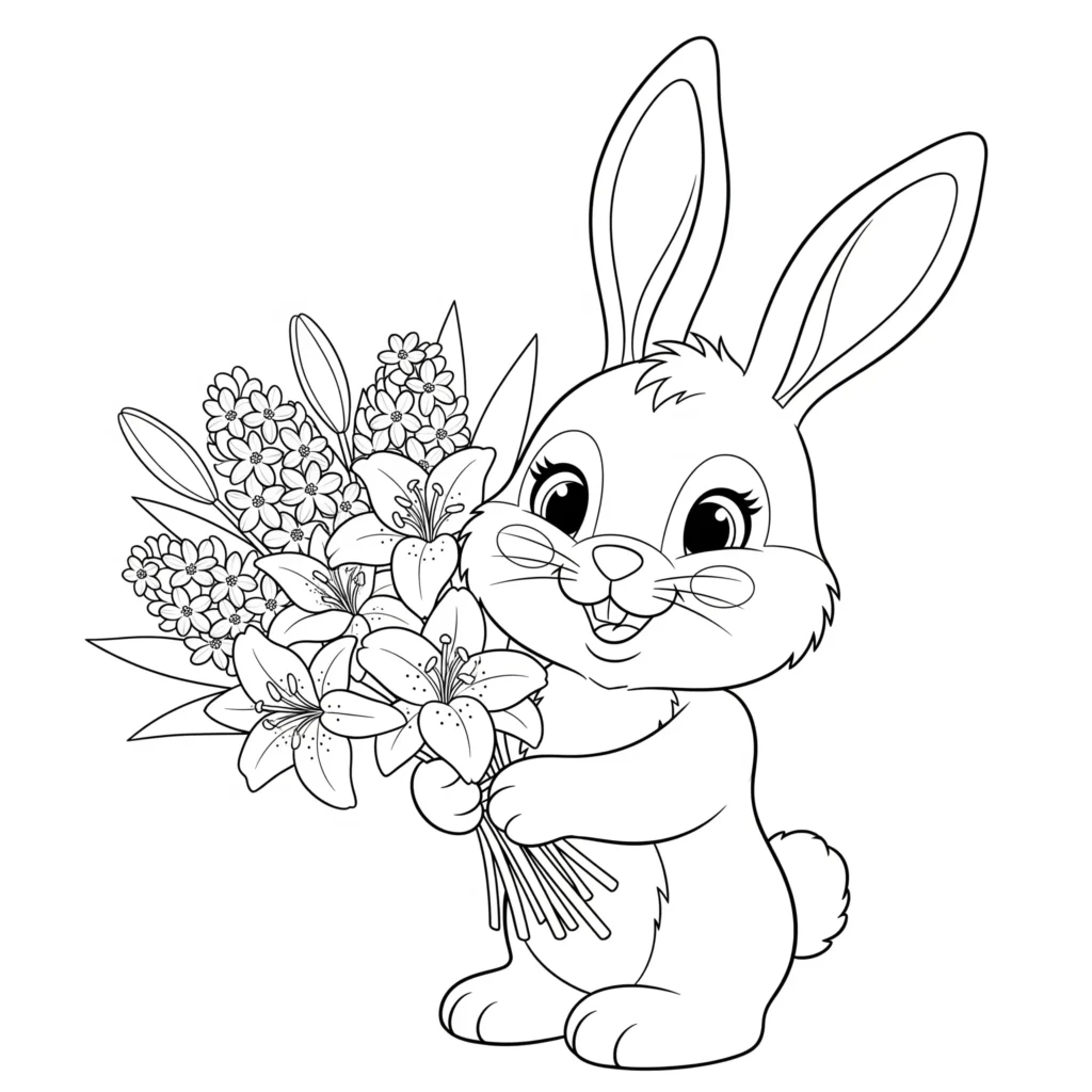 Ausmalbild zeigt einen süßen Hasen, der im Frühling einen Blumenstrauß hält, ideal zum Ausdrucken und Ausmalen für Kinder