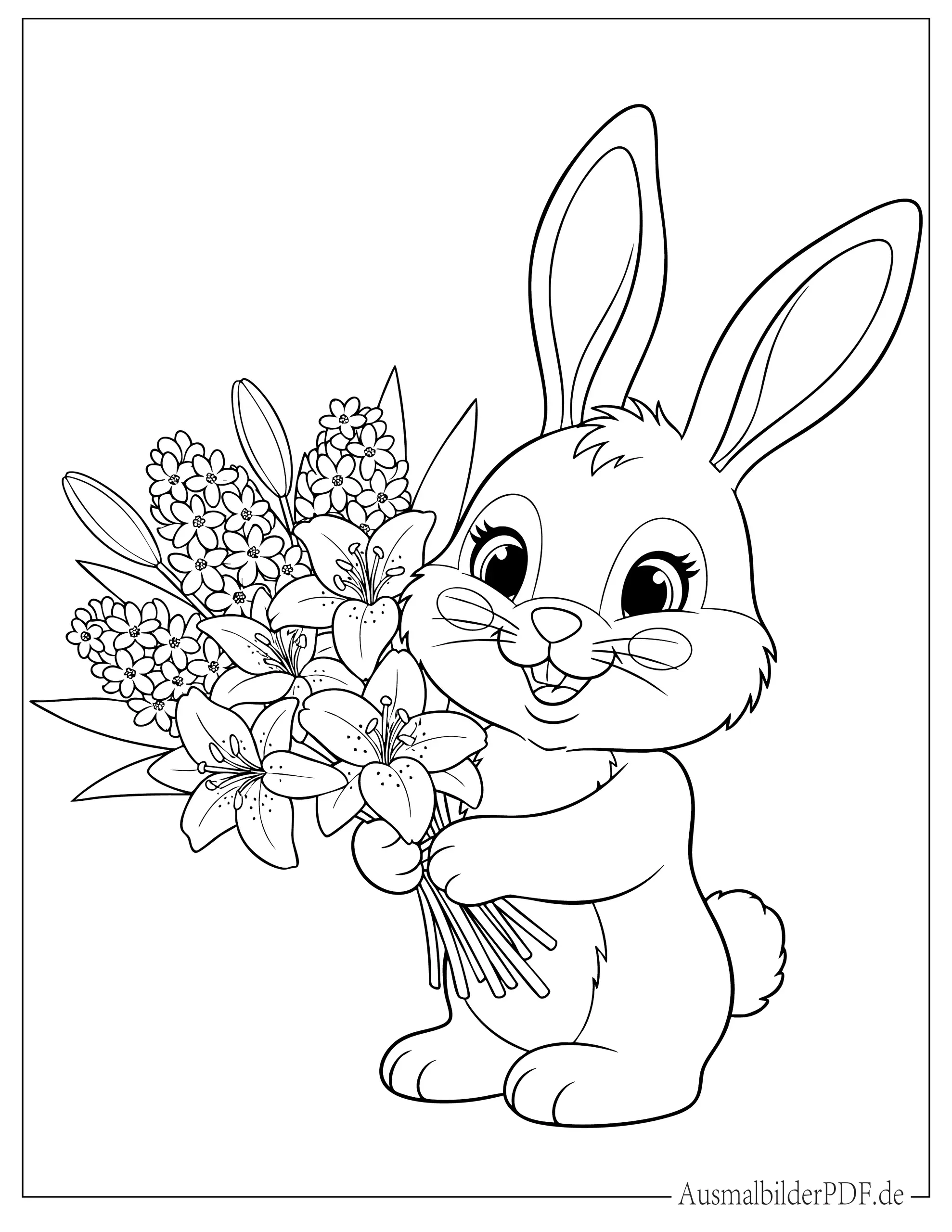 Hase hält einen Frühlingsblumenstrauß Ausmalbild