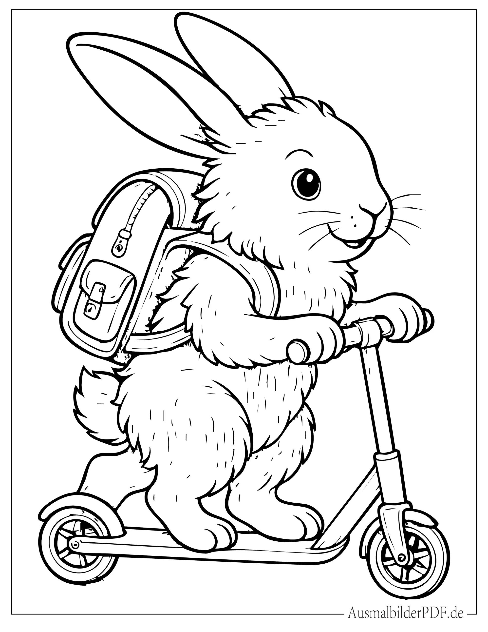 Niedlicher Hase fährt Roller mit Rucksack Ausmalbild