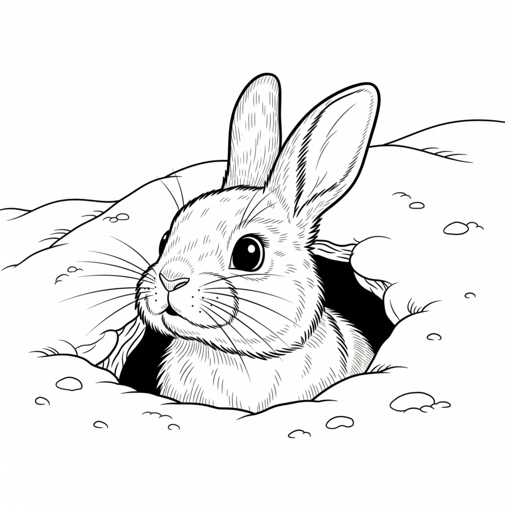 20+ Ausmalbilder Winter (Kostenlos Malvorlage zum Ausdrucken) Ausmalbild zeigt ein Kaninchen, das aus seinem schneebedeckten Bau hervorschaut. Eine liebevolle Wintervorlage zum Ausmalen für Kinder.
