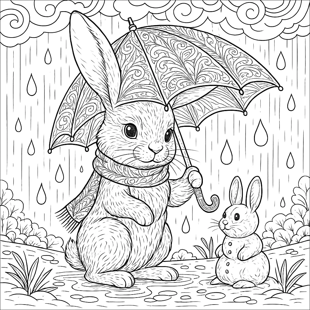 Ausmalbild eines Hasen unter einem Regenschirm im Regen