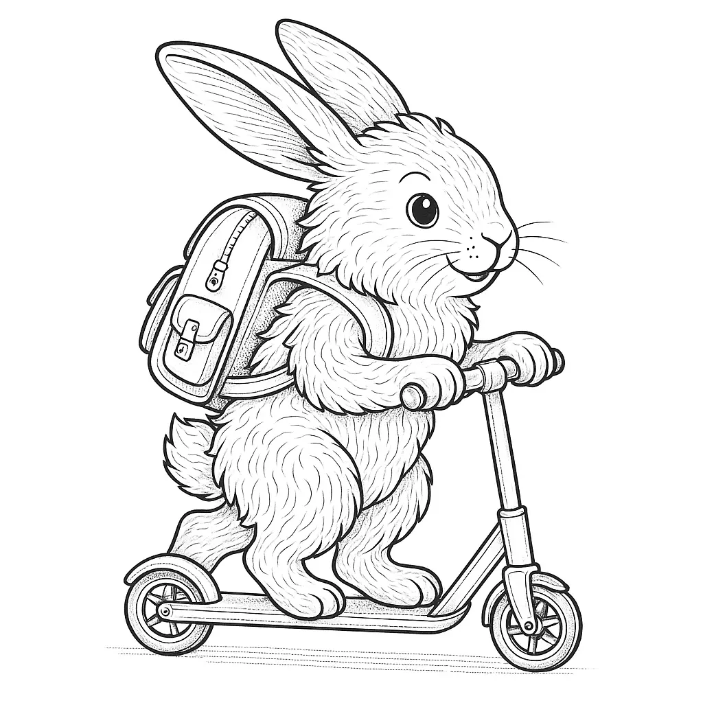 Hase fährt mit einem Roller und trägt einen Rucksack Ausmalbild