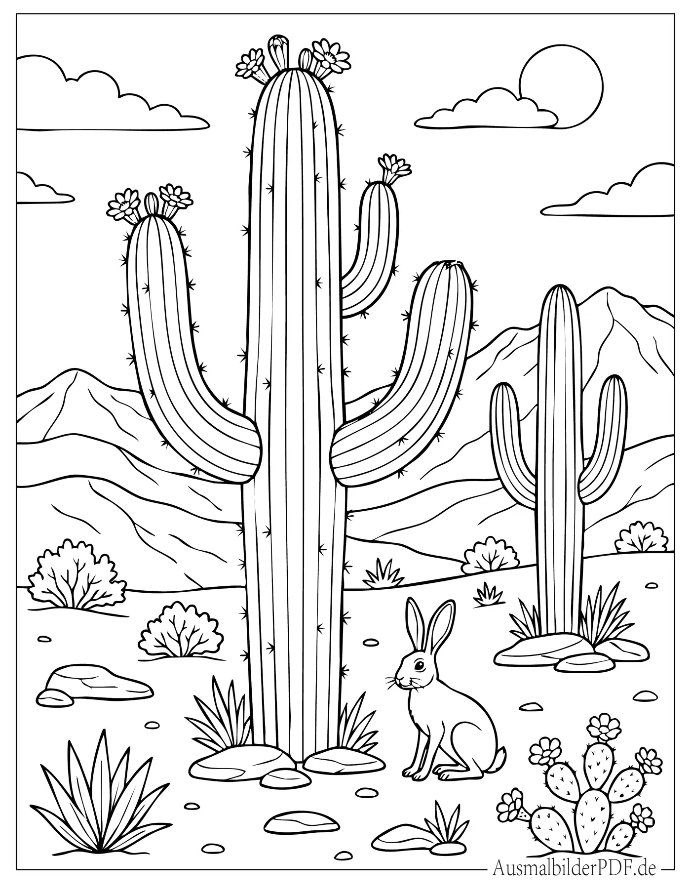 15+ Kaktus Ausmalbilder (Kostenlos Malvorlagen zum Drucken) Hase sitzt neben einem Saguaro Kaktus in der Wüste Ausmalbild