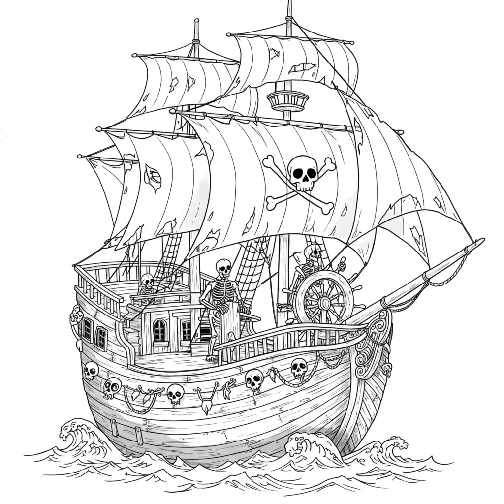 Verfluchtes Piratenschiff Ausmalbild mit gruseligem Skelettkapitän und gespenstischer Atmosphäre – kostenlose Piratenschiff Ausmalbilder für Kinder als PDF