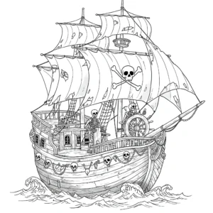 Verfluchtes Piratenschiff Ausmalbild mit gruseligem Skelettkapitän und gespenstischer Atmosphäre – kostenlose Piratenschiff Ausmalbilder für Kinder als PDF