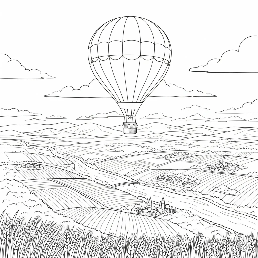 Ein bunter Heißluftballon schwebt über einer grünen Sommerlandschaft mit Feldern und Bäumen sommer ausmalbilder zum ausdrucken für kinder