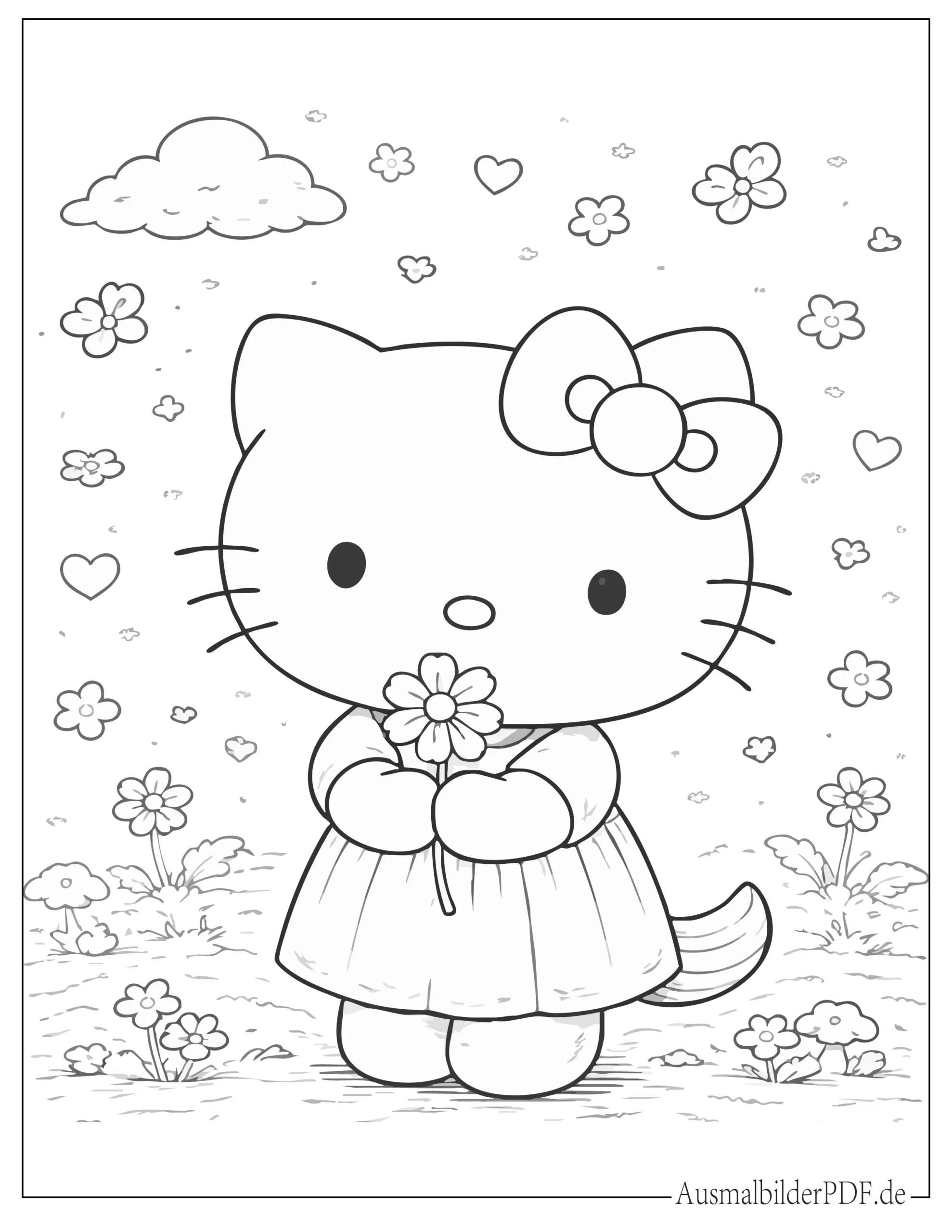 Einfacher Umriss von Hello Kitty die eine Blume hält Malvorlage