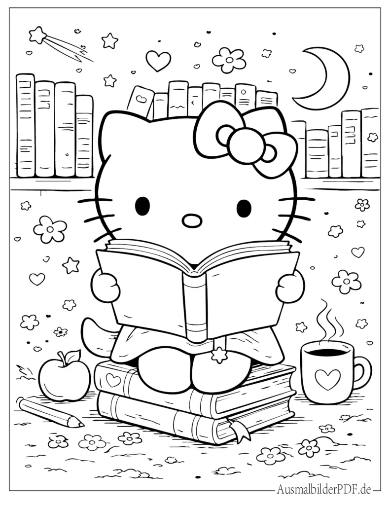 Hello Kitty Druckvorlage für Kinder beim Lesen eines Buches, ruhige Malvorlage zum Ausdrucken und Ausmalen