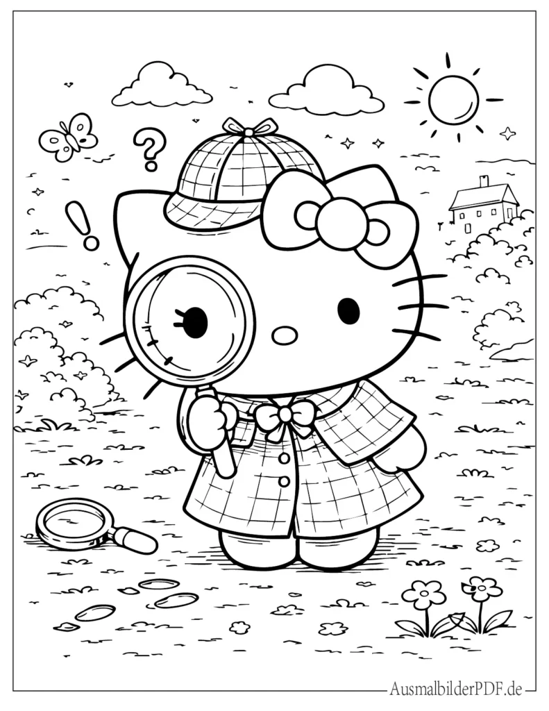 Hello Kitty mit Lupe und kleiner Mütze als Detektiv, spannendes Ausmalbild für Kinder zum Ausdrucken