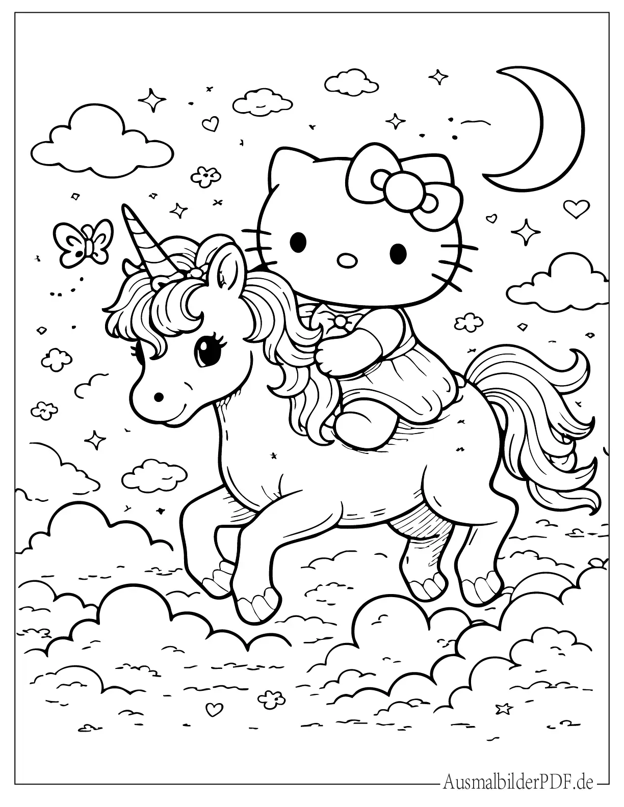 Niedliche Hello Kitty reitet auf einem Einhorn druckbare Ausmalbild