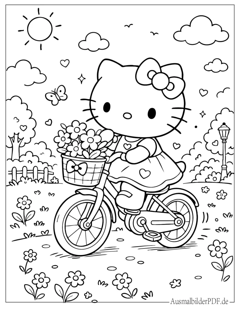 Malvorlage mit Hello Kitty beim Fahrradfahren, geeignet für Kinder zum Ausdrucken und kreativen Ausmalen