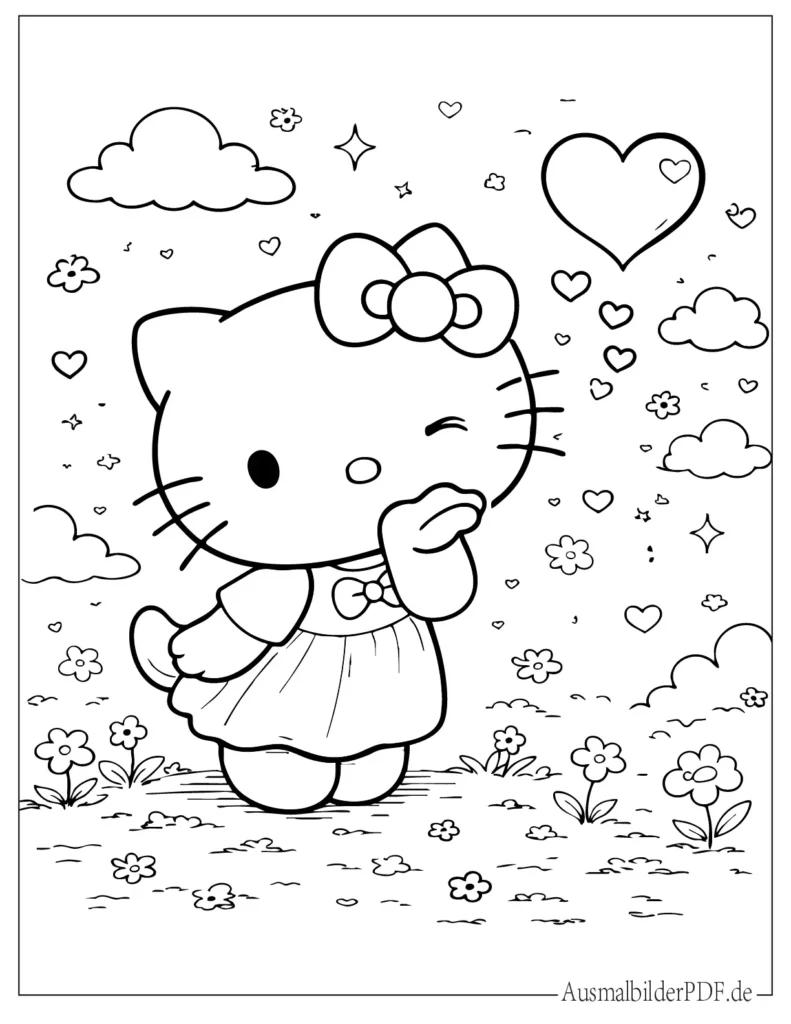 Hello Kitty schickt einen fliegenden Kuss, süße Malvorlage für Kinder zum Ausdrucken und Ausmalen