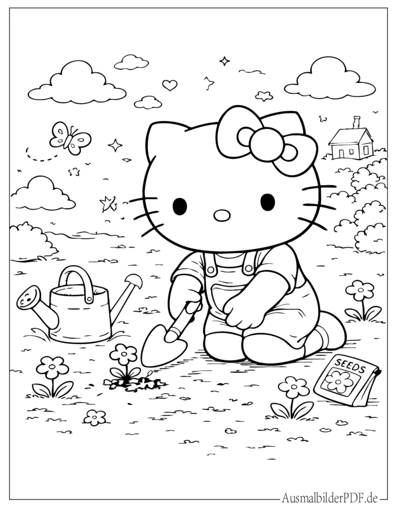 Hello Kitty pflanzt Blumen mit kleinem Spaten, süßes Ausmalbild für Kinder zum Ausdrucken und Ausmalen