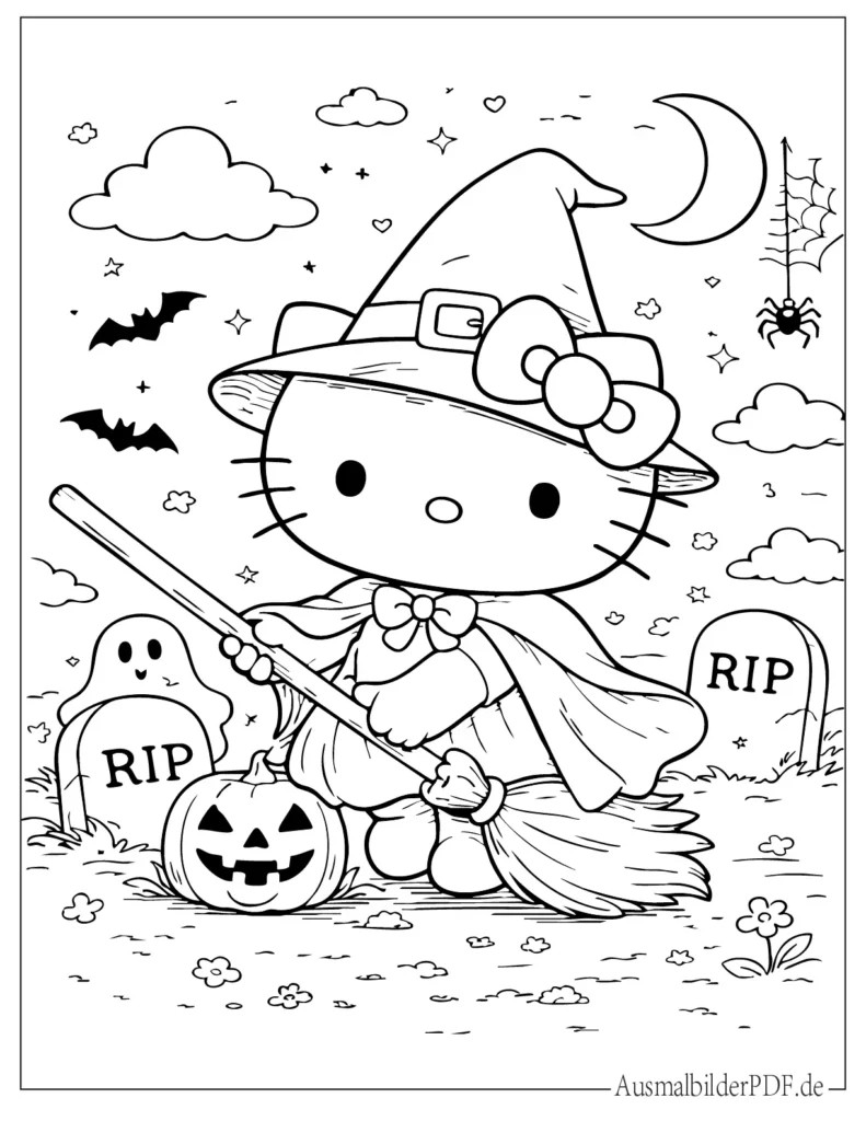 Hello Kitty verkleidet als Halloween Hexe, gruselig-süßes Ausmalbild für Kinder zum Ausdrucken und Ausmalen