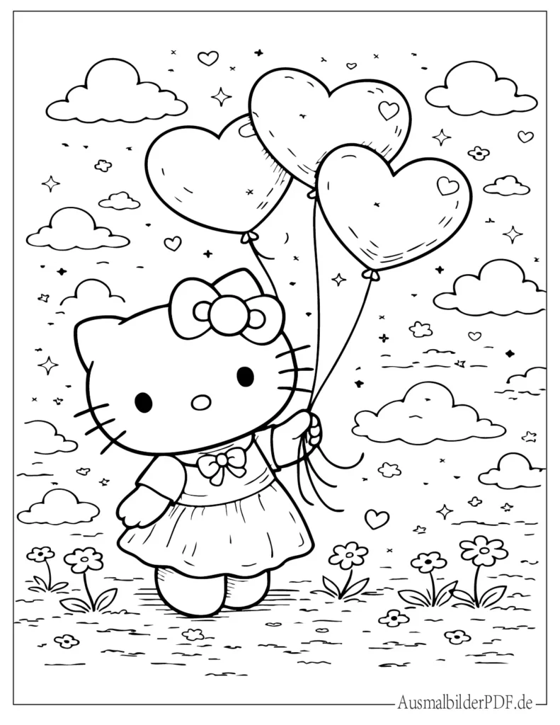 Hello Kitty hält bunte Herzballons, liebevolles Ausmalbild für Kinder zum Ausdrucken und Ausmalen