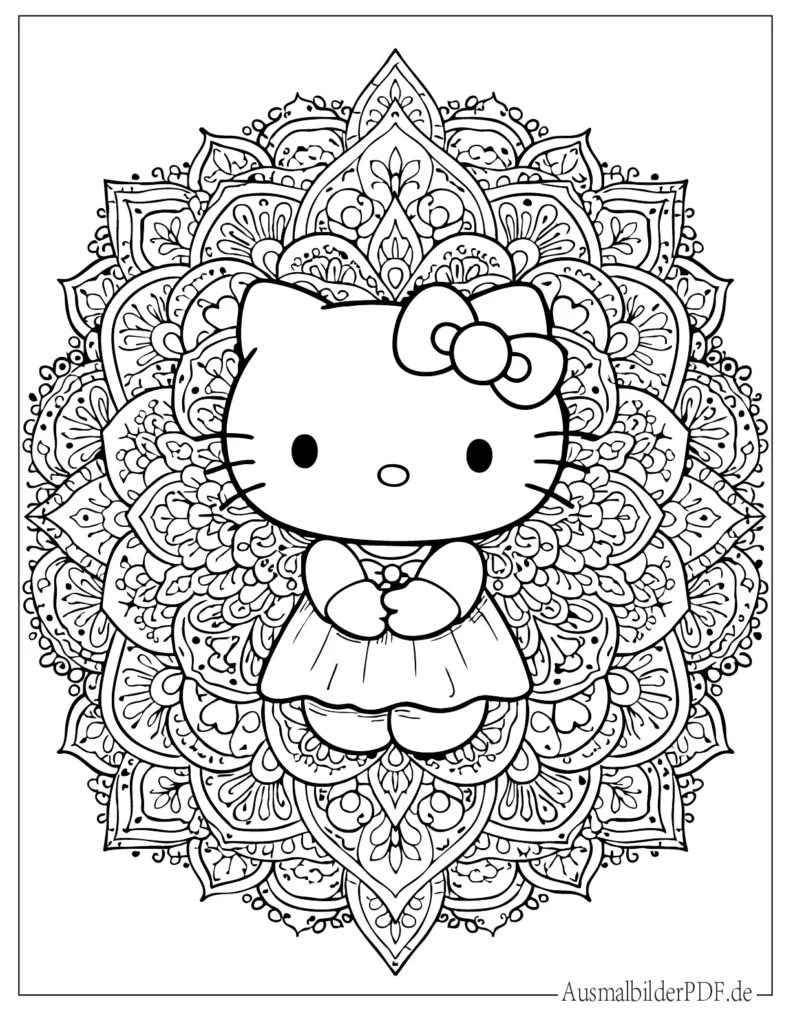 Kreatives Mandala mit Hello Kitty, perfekte Malvorlage für Kinder und Erwachsene zum Ausdrucken und Ausmalen