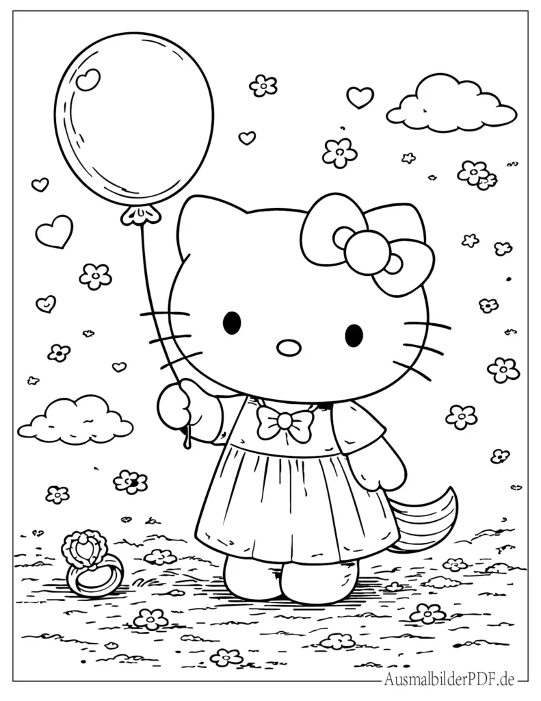 Hello Kitty mit Ballon Ausmalblatt für Kinder, stehend mit Ballon und Schnur, einfache Malvorlage zum Ausdrucken
