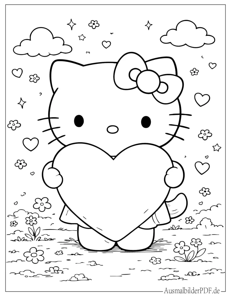 Malvorlage mit Hello Kitty, die ein großes Herz hält, ideal für Kinder zum Ausdrucken und Ausmalen