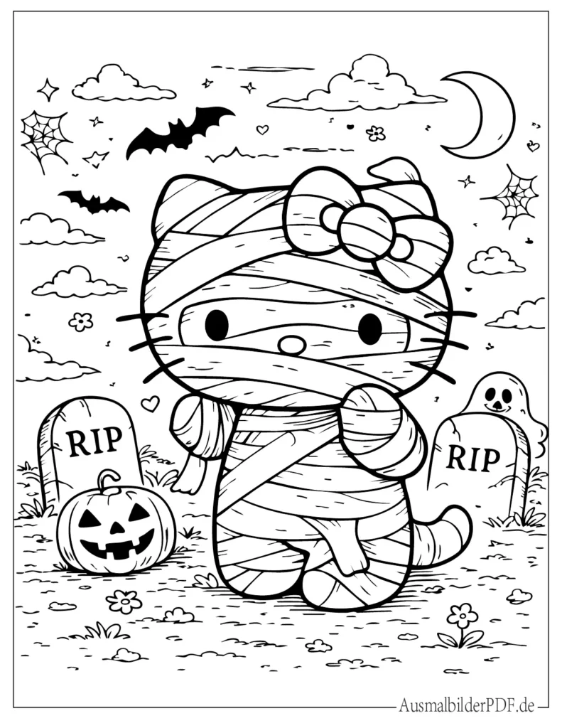 Hello Kitty verkleidet als Mumie, gruselige aber süße Malvorlage für Kinder zum Ausdrucken und Ausmalen