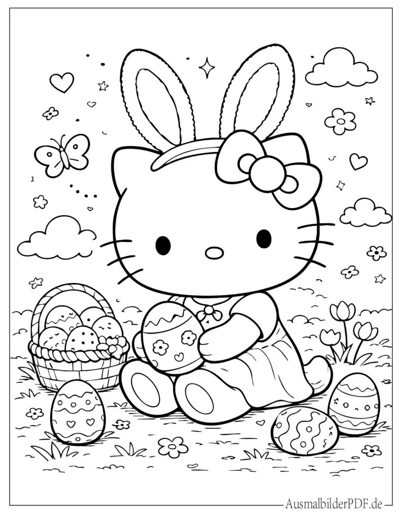 Malvorlage von Hello Kitty mit Bunny-Ohren zu Ostern, süßes Ausmalbild für Kinder zum Ausdrucken