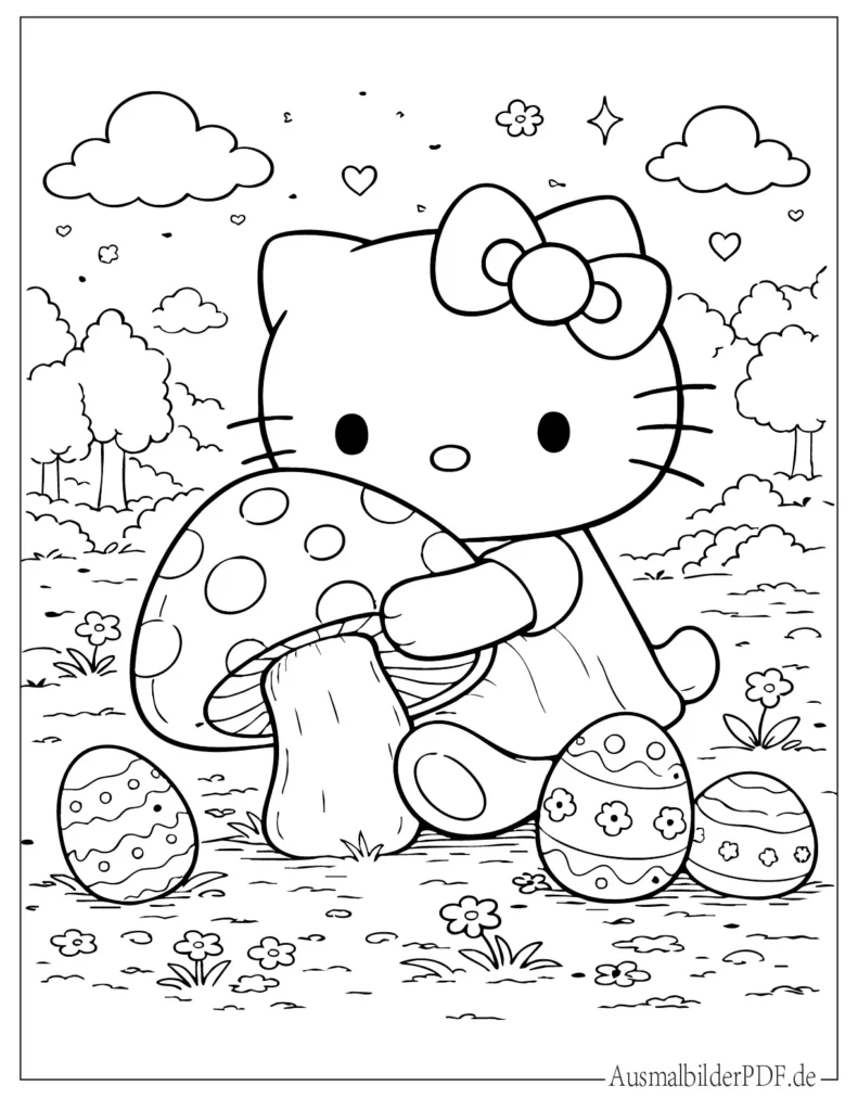 Hello Kitty umarmt einen großen Pilz, liebevolle Malvorlage für Kinder zum Ausdrucken und Ausmalen zu Hause