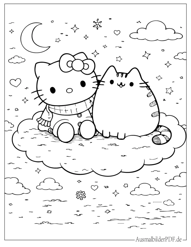 Hello Kitty und Pusheen sitzen zusammen auf einer Wolke, süßes Ausmalbild für Kinder zum Ausdrucken