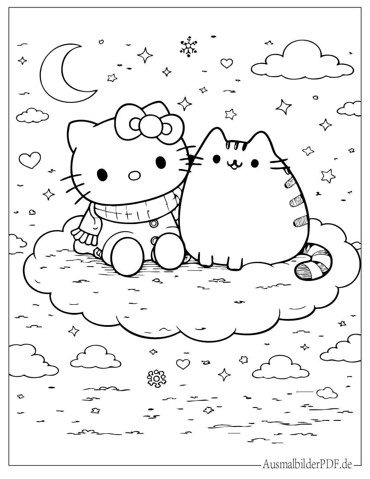 Süßes Malvorlage von Hello Kitty und Pusheen die auf einer Wolke sitzen