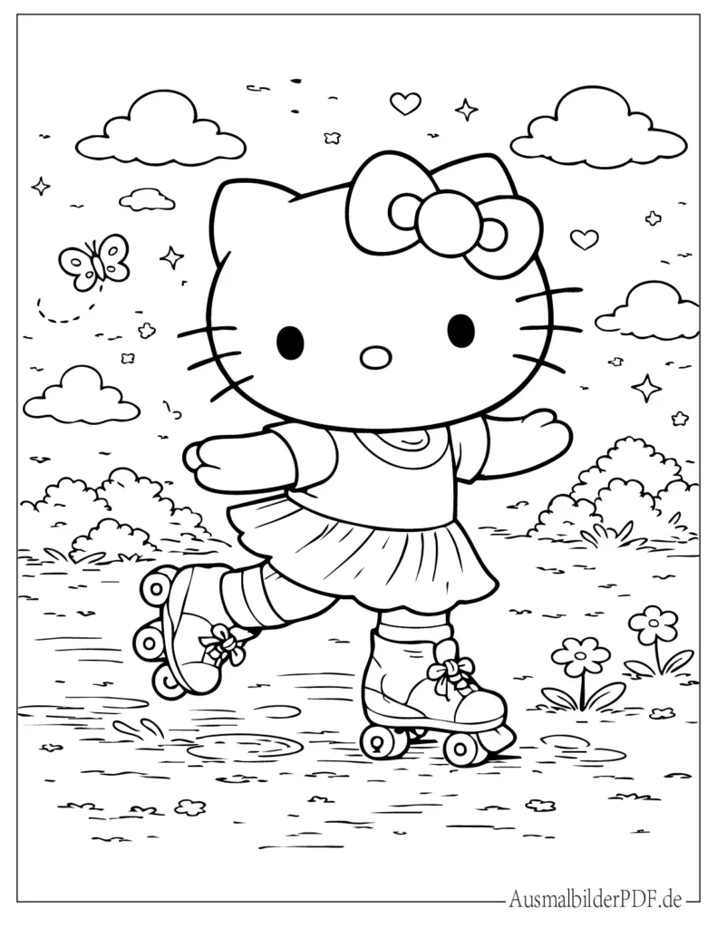 Hello Kitty fährt Rollschuhe, fröhliches Ausmalbild für Kinder zum Ausdrucken und Ausmalen
