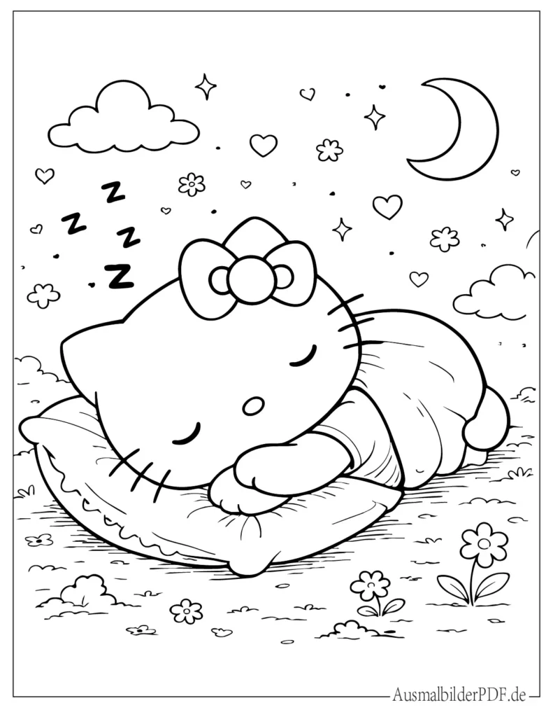Malvorlage einer schlafenden Hello Kitty auf einem kleinen Kissen, ruhiges ausmalbild für Kinder zum Ausdrucken