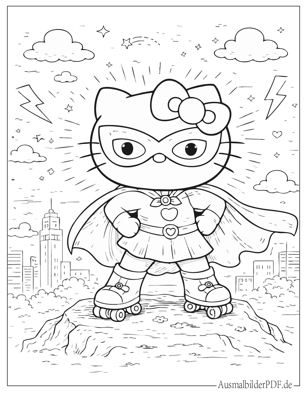 Hello Kitty Superheldin trägt einen Umhang und steht in einer Heldenpose Ausmalvorlage