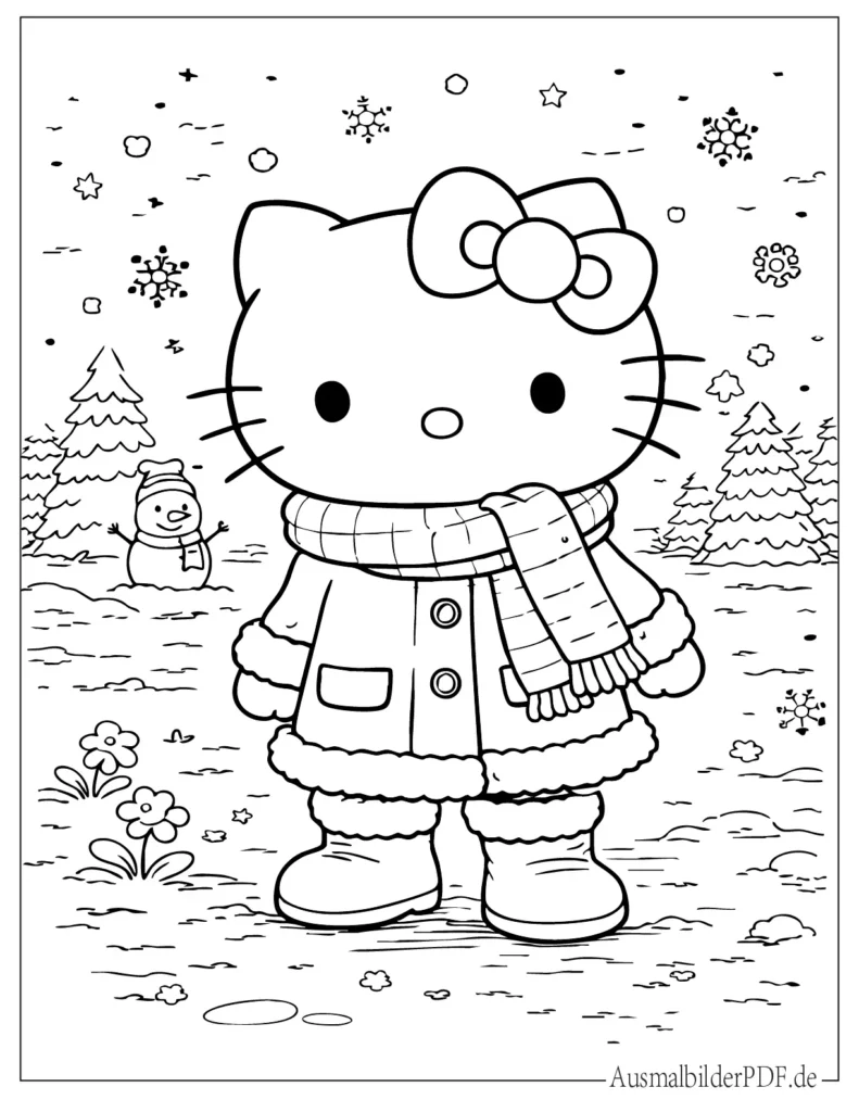 Hello Kitty trägt Mantel, Schal und Stiefel, süßes Winter Ausmalbild für Kinder zum Ausdrucken und Ausmalen